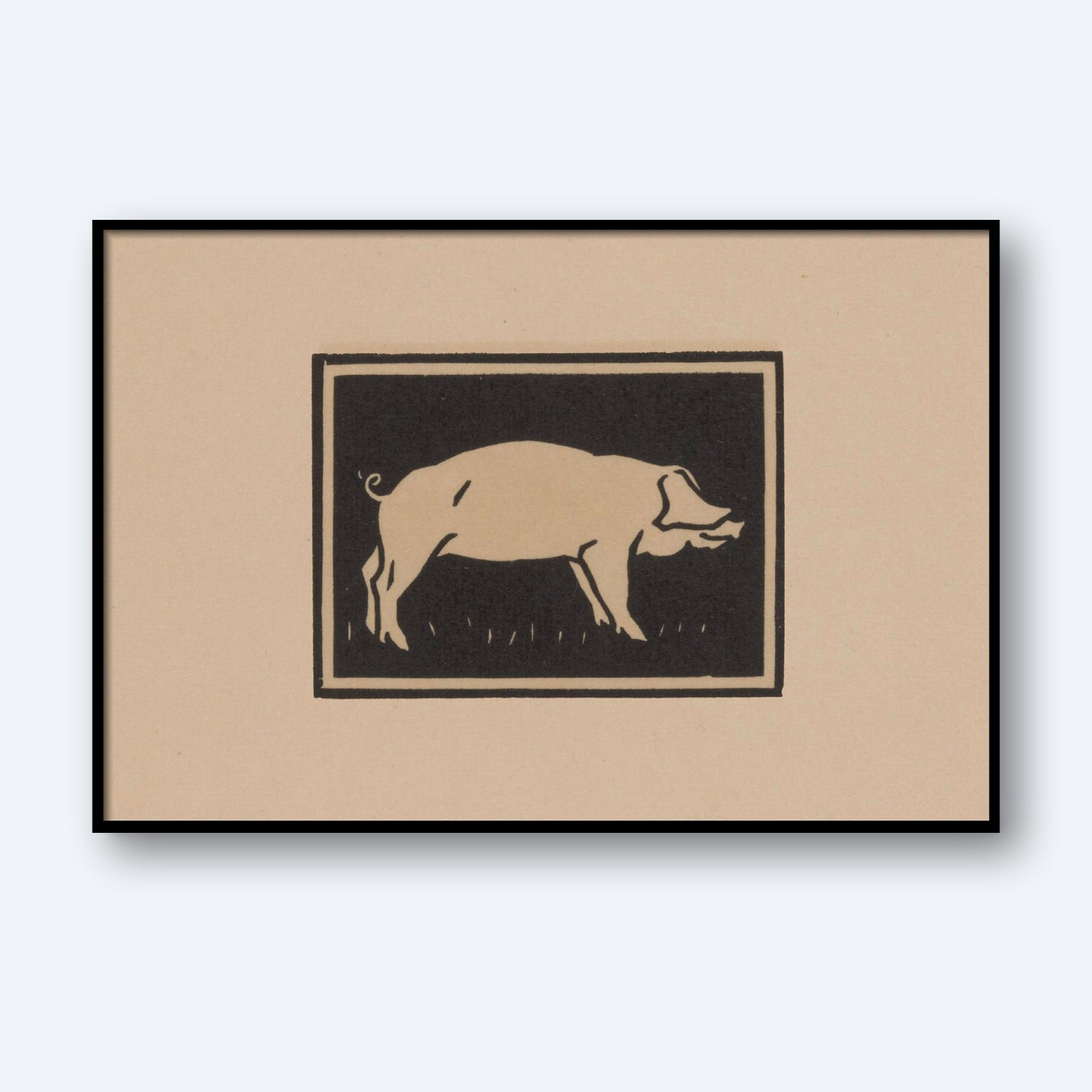 The "Neither by Julie de Graag Print" showcases a minimalist illustration reminiscent of early 20th-century printmaking, featuring a pig standing on grass within a rectangular frame. Rendered in black and beige tones, the artwork highlights the pig's silhouette against the plain background, embodying Julie de Graag's signature minimalist style.