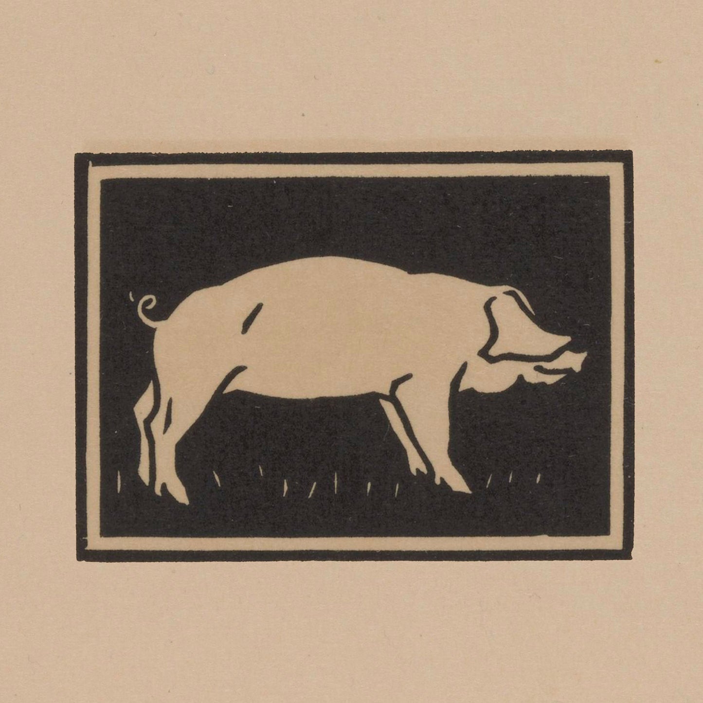 The "Neither by Julie de Graag Print" depicts a beige silhouette of a pig within a black rectangle, set against a plain beige background. This piece of wall art features the pig facing right, with a slightly curved tail and visible legs. The illustration, part of an animal prints collection, boasts a minimalist and stylized design.