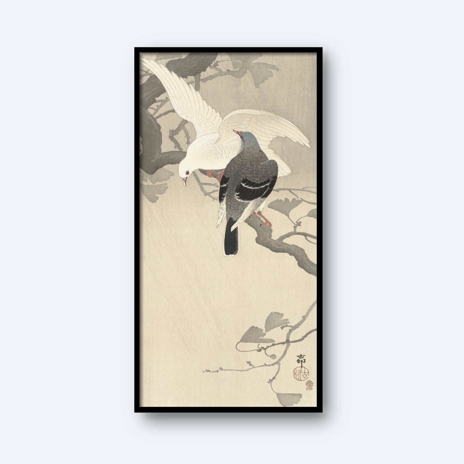 The "2 Pigeons - Vintage Print by Ohara Koson" artwork showcases two pigeons perched on a tree branch, with one pigeon displaying white feathers and the other featuring darker plumage. The background embodies a simplistic design with subtle tones, evocative of Koson's signature Japanese woodblock printing style, complete with the artist's signature in the bottom right corner.