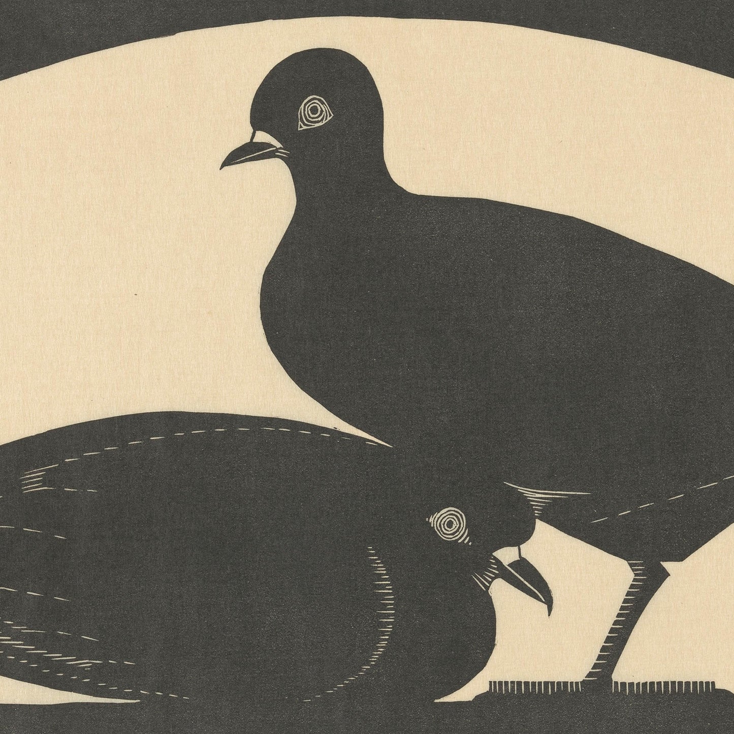 Two Pigeons by Samuel Jessurun de Mesquita is a stylized black and white illustration reminiscent of a vintage print that depicts two birds. One bird stands upright, while the other perches or lies down. Both showcase detailed patterns on their eyes and feathers. The plain background highlights their intricate features, making it ideal for wall art.
