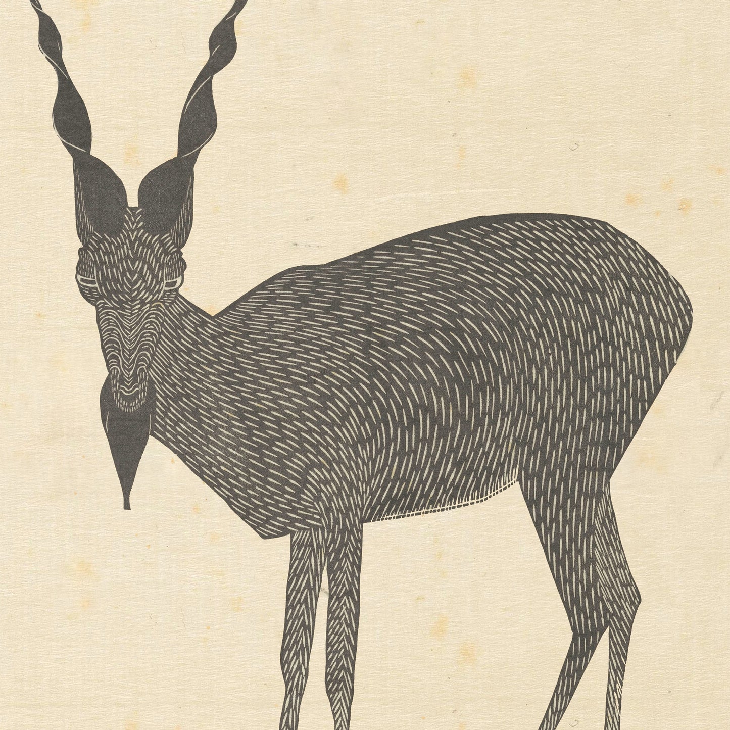 Markhorgeit by Samuel Jessurun de Mesquita Print features a stylized black and white illustration that embodies the artist's Art Nouveau influence. The antelope, with its elongated, curved horns, beard-like tuft under its chin, and intricately patterned fur, stands gracefully against a beige background.