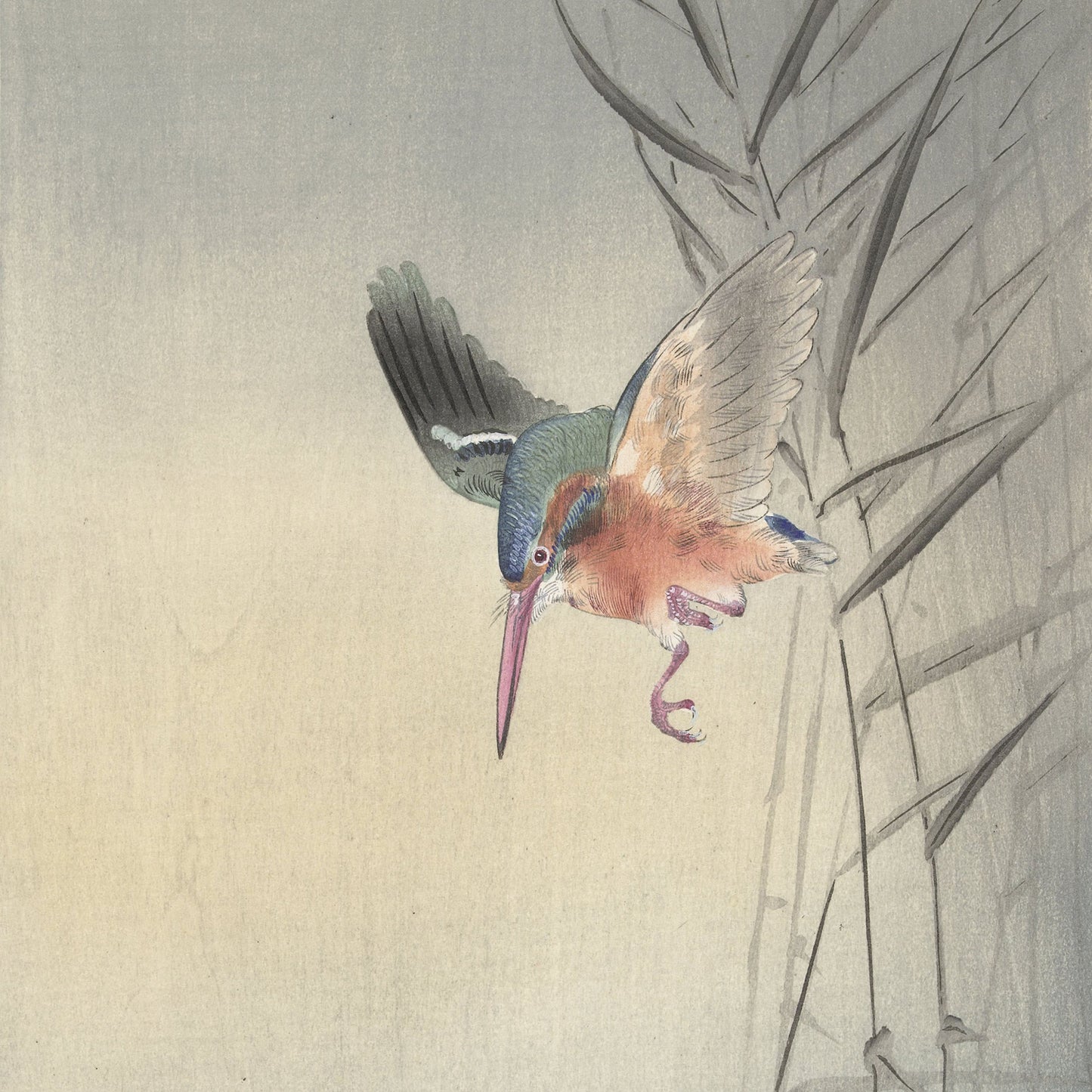 The product "Kingfisher hunting for fish in the water | Vintage Japanese Print by Ohara Koson" captures a colorful kingfisher with iridescent blue and green plumage and a long reddish beak mid-flight against a muted, pale background. Sparse, sketch-like bamboo leaves are visible on the right side of the image, evoking the style of a vintage Japanese print by Ohara Koson.