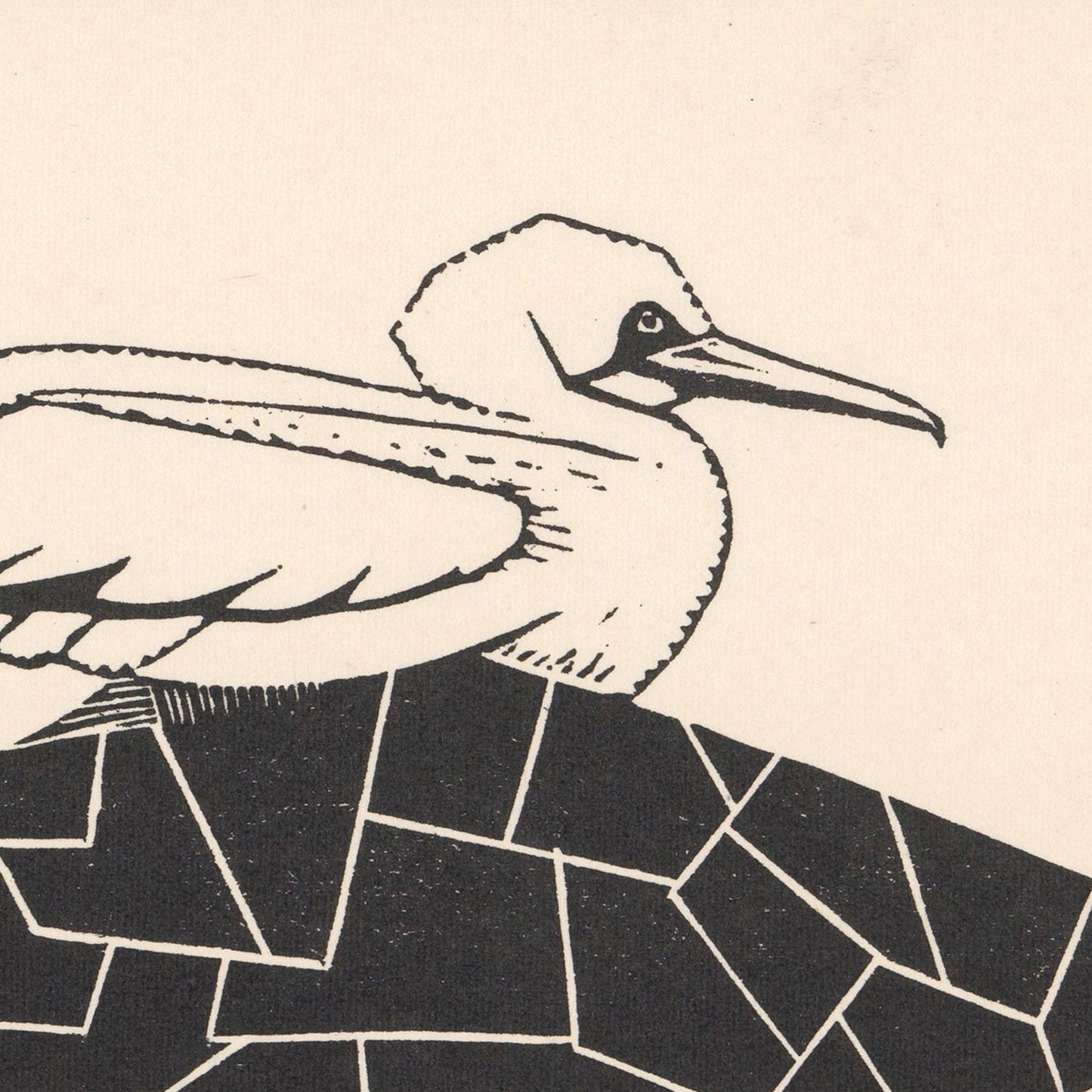 A black and white illustration featuring a bird resembling a Northern gannet perched on a geometric, mosaic-like surface. The bird is in profile, with its head facing to the right and its beak slightly open. This exquisite piece of art by Samuel Jessurun de Mesquita, titled "Northern gannet - Vintage Print," stands out against a plain, light-colored background.