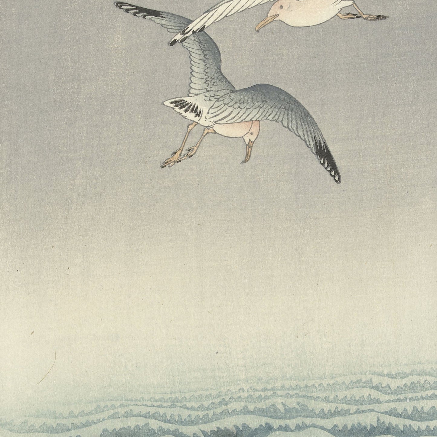 The product "Three Seagulls by Ohara Koson | Vintage Japanese Woodblock Print" showcases a serene illustration of three seagulls in flight against a minimalistic, misty background with gentle waves below. Reminiscent of Ohara Koson's vintage Japanese woodblock prints, the artwork features delicate lines and soft, muted colors, capturing the grace and tranquility of the scene.