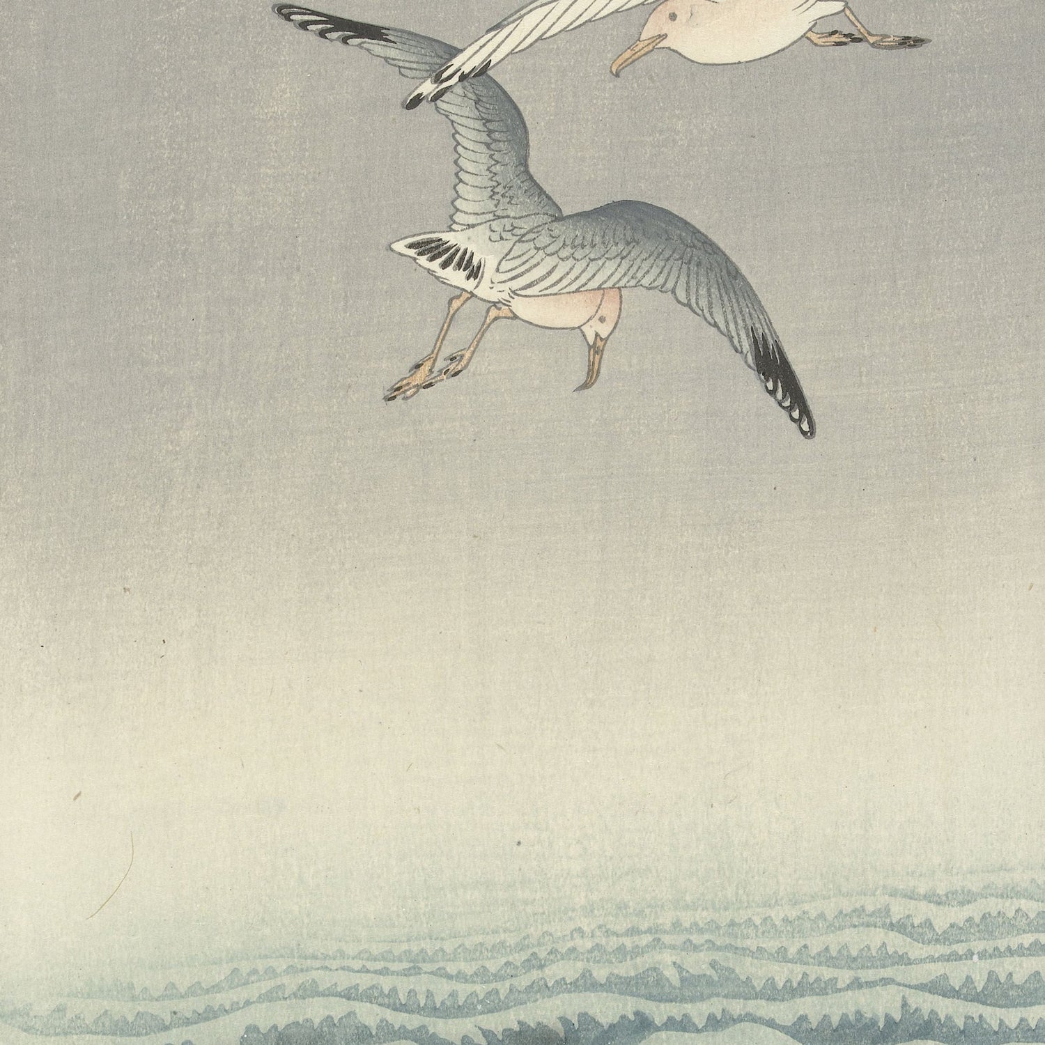 The product "Three Seagulls by Ohara Koson | Vintage Japanese Woodblock Print" showcases a serene illustration of three seagulls in flight against a minimalistic, misty background with gentle waves below. Reminiscent of Ohara Koson's vintage Japanese woodblock prints, the artwork features delicate lines and soft, muted colors, capturing the grace and tranquility of the scene.