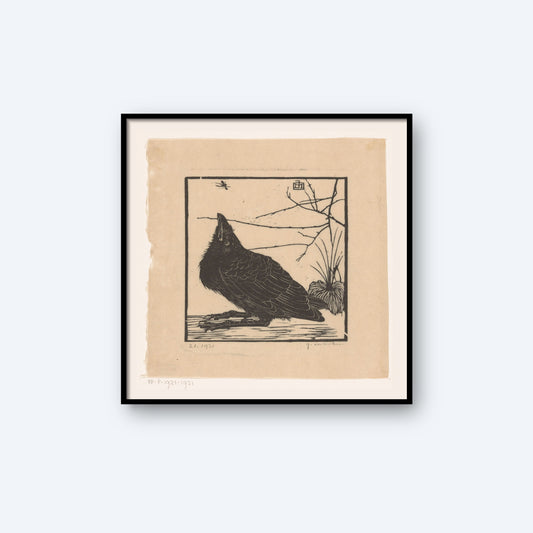 The vintage print titled "Crow Looking up at a Mosquito by Jan Mankes" features a black bird perched on the ground with nearby tree branches and foliage. Set against a light beige background, this framed artwork boasts a minimalist, monochromatic style and includes a small, indistinct mark in the top right corner. It's perfect for wall art enthusiasts seeking timeless elegance.