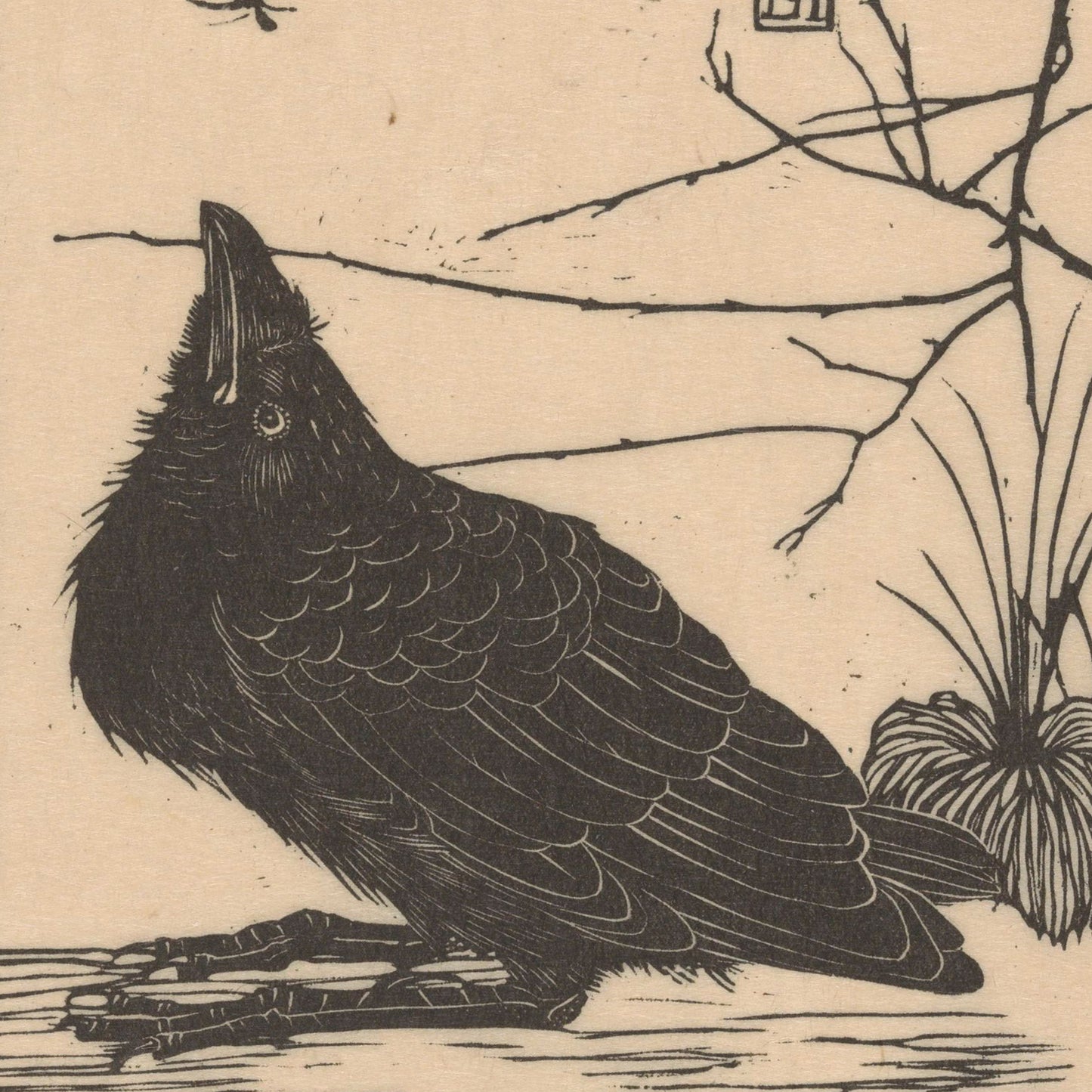 The intricate black and white woodblock print titled "Crow Looking up at a Mosquito by Jan Mankes" portrays a crow with its head tilted upward, surrounded by slender, leafless branches and a small cluster of grass. This minimalistic natural setting makes it an ideal piece for vintage print wall art.