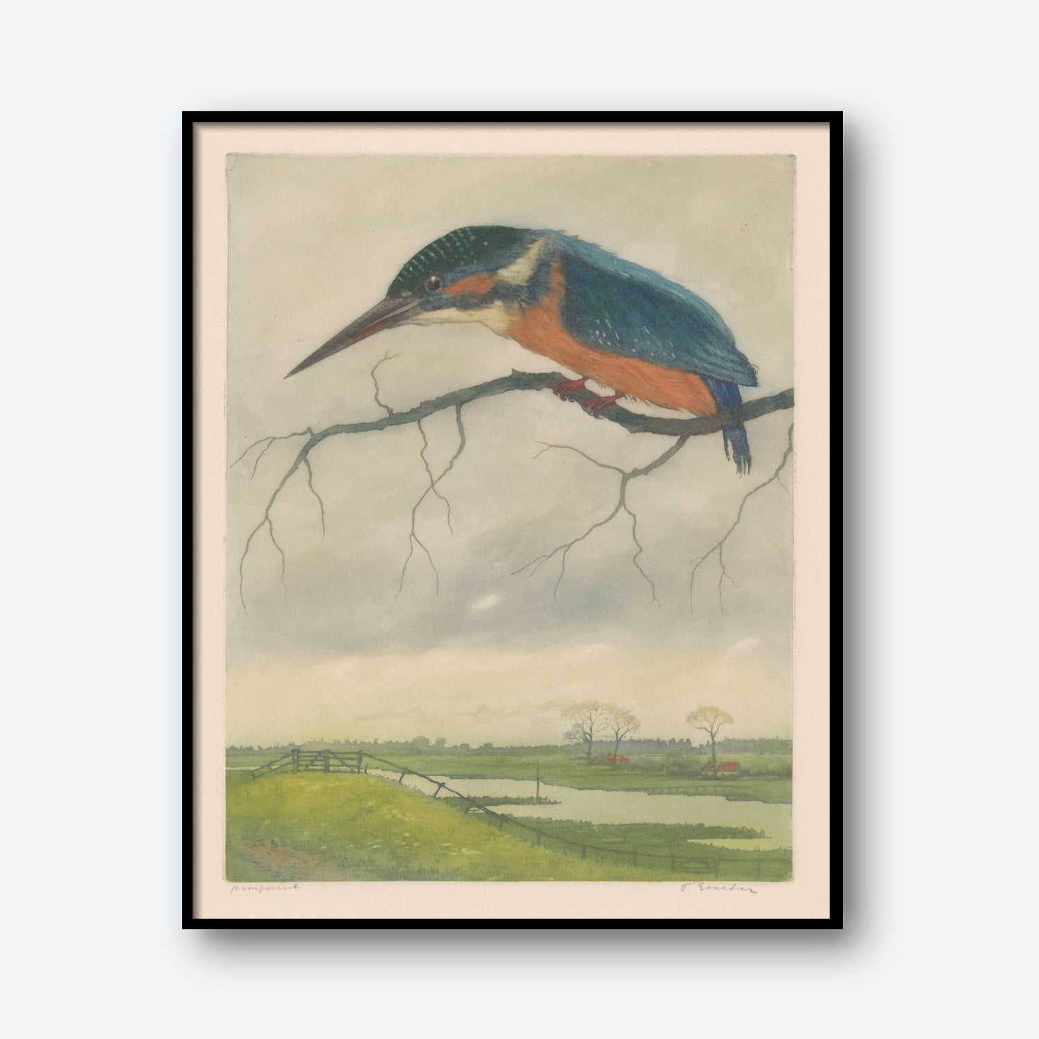 The "Kingfisher by Frans Everbag | Vintage Print" is a framed vintage wildlife art piece showcasing a kingfisher perched on a bare tree branch. The background, inspired by Frans Everbag’s style, features a serene landscape with grassy fields, a small bridge over a stream, and leafless trees under a cloudy sky.