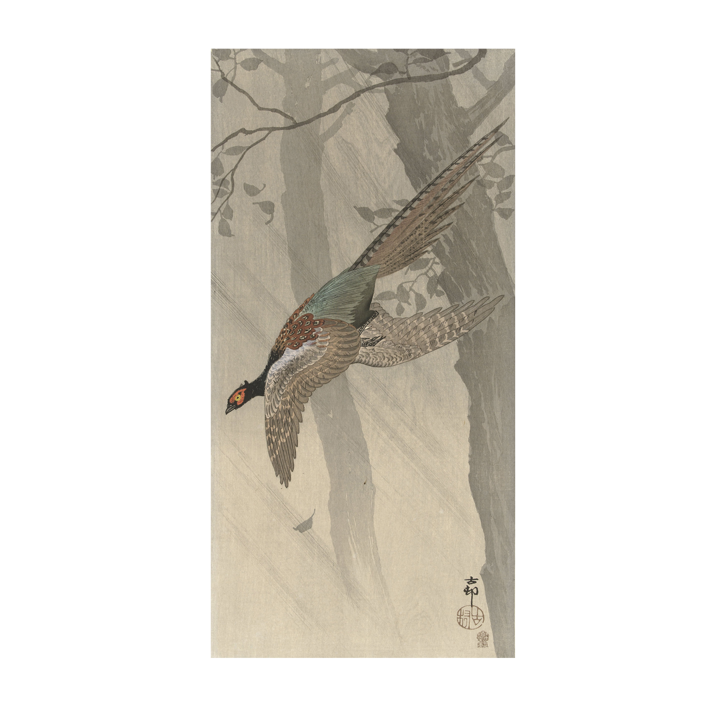 The Green Pheasant in Flight | Vintage Japanese Woodblock Print features a detailed painting of a green pheasant soaring among tall trees. The background showcases muted tones of gray and beige, highlighting tree trunks and subtle foliage to add depth, while the bird's plumage vividly stands out.