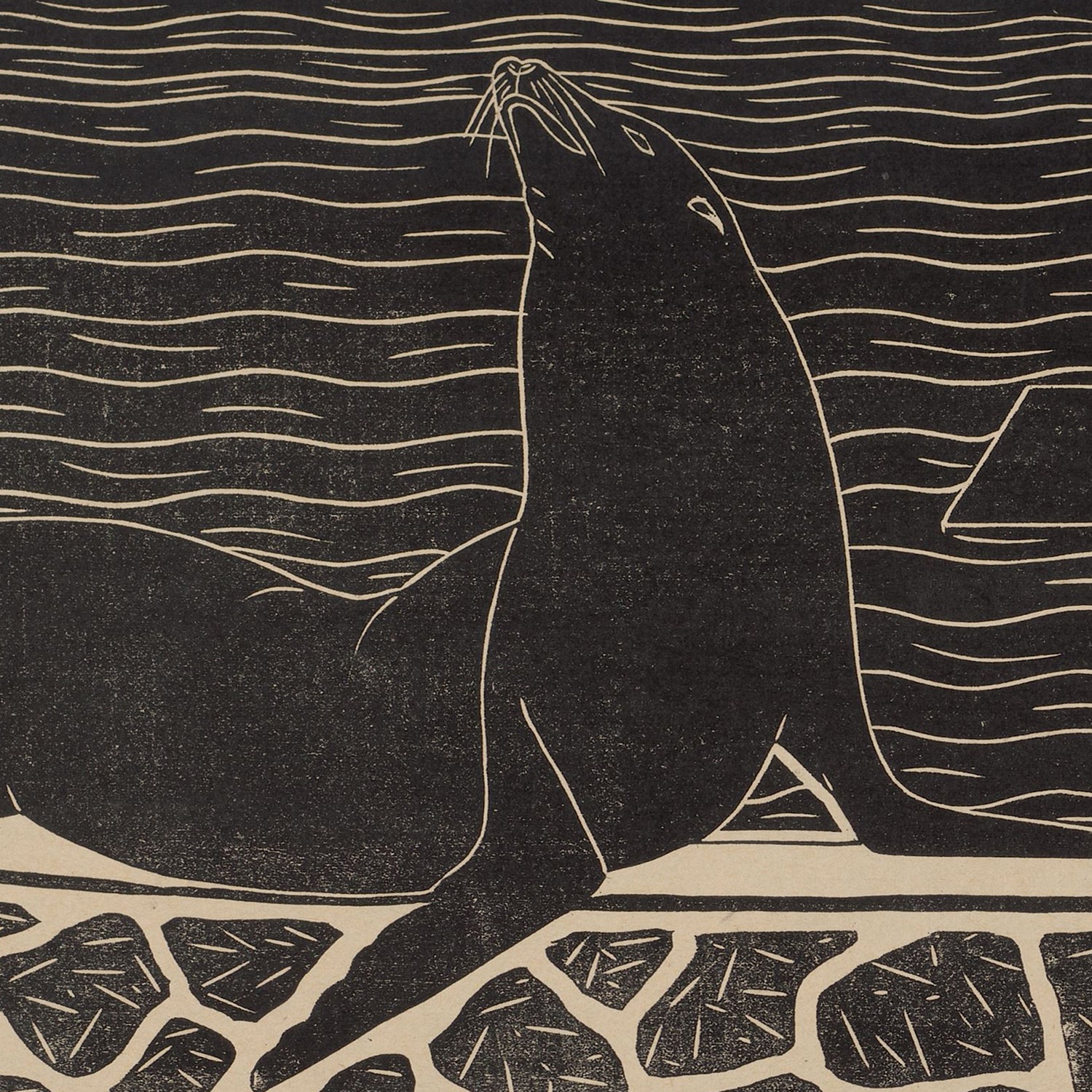 The "Sea Lions by Samuel Jessurun de Mesquita Print" features a stylized black and beige illustration of a sea lion sitting on a rocky shore, reminiscent of the artist's printmaking artistry. The sea lion is facing upward with its head tilted back, set against a background of wavy lines representing water.