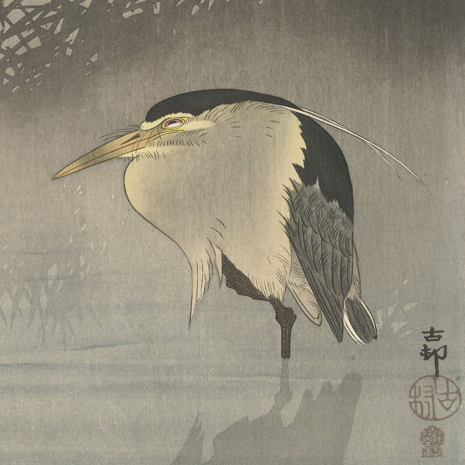 The vintage Japanese print "Night heron under the crescent moon" by Ohara Koson features a black-crowned night heron standing in shallow water, with reflections and shadows on the surface. The background is muted with shades of gray, allowing the bird's intricate details to stand out.