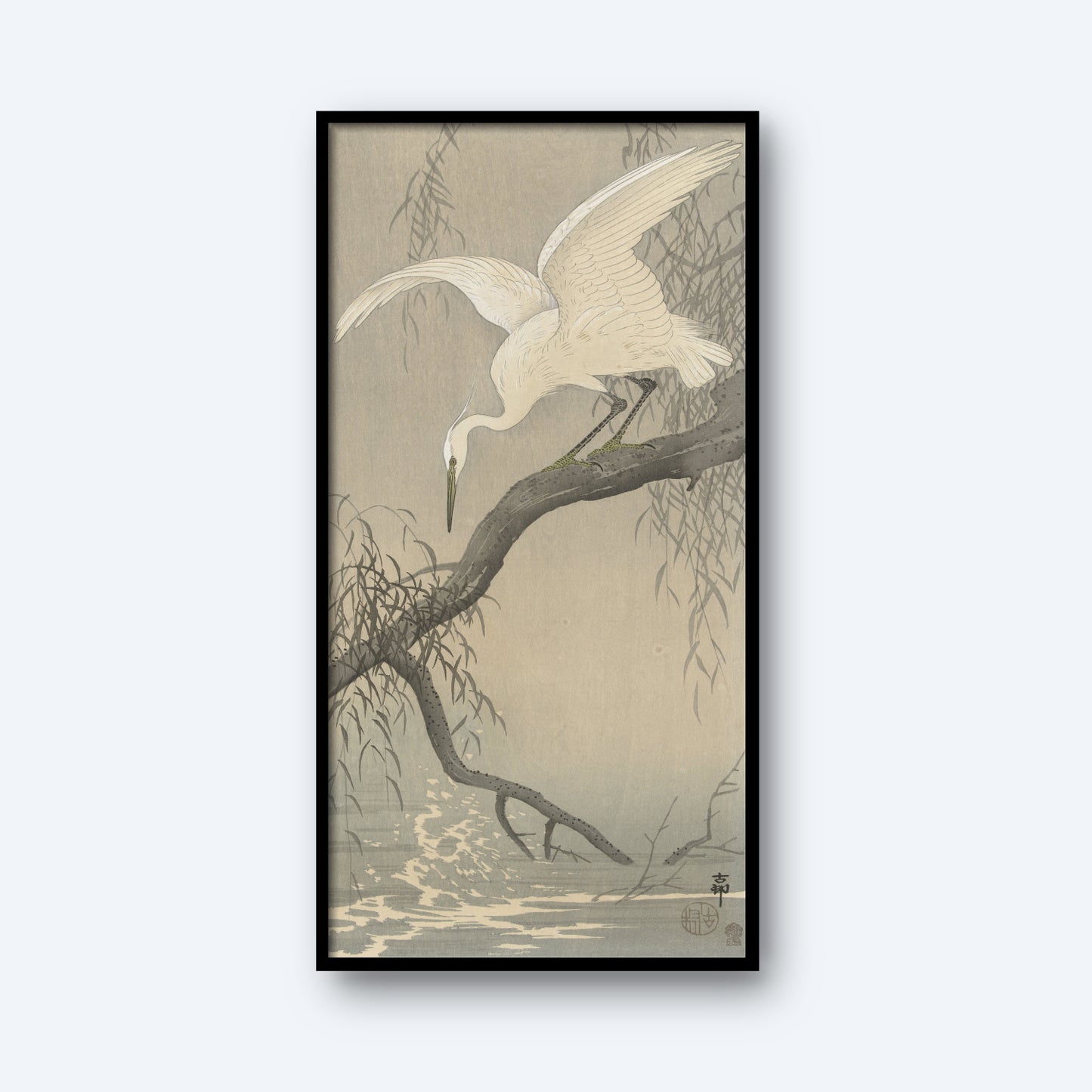 White heron on tree branch by Ohara Koson | Vintage Japanese Print